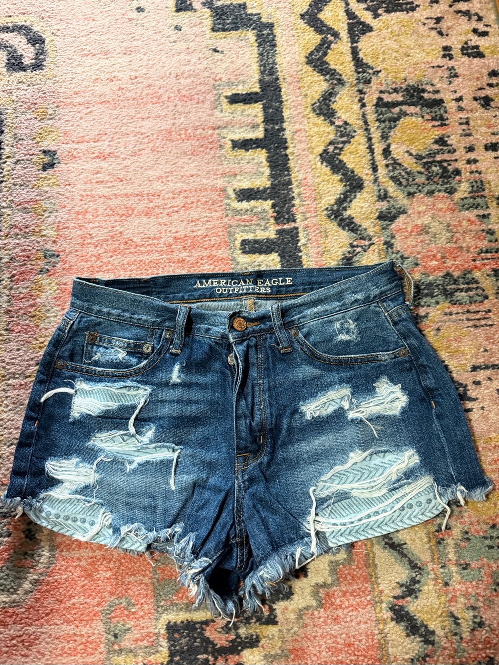 American Eagle Distressed Denim Shorts - Dark Blue